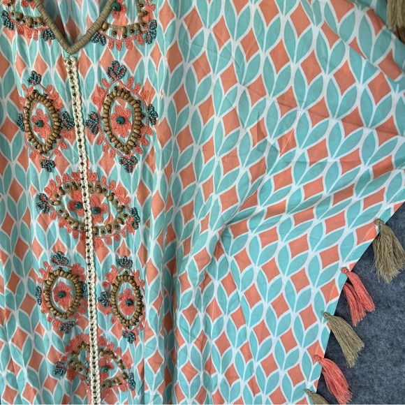 SKEMO Kaftan Dress Beach Cover Up Fringe Beads Embroidered Size Small - Picture 10 of 14